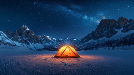 illuminated tent camping under the milky way in the italian dolomites