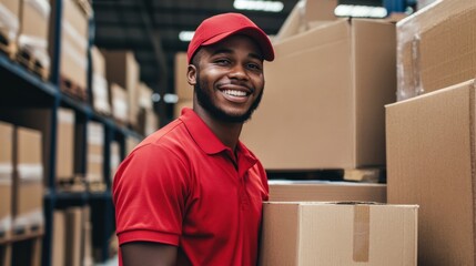 Happy Courier in Red Uniform Carrying Packages