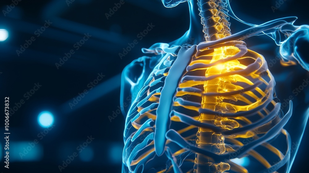 Nerves Of Ribs Detailed image of the spine and ribs with glowing nerves in 3D format ...