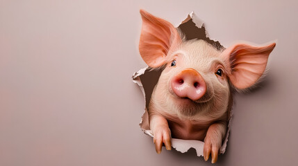 small pig looking up through a torn hole in a piece of paper, isolated against a plain background.