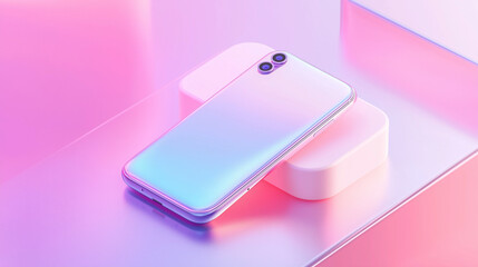 Canvas Print - A close-up of a sleek, iridescent smartphone resting on a pink platform.