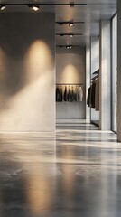 Wall Mural - Minimalist interior showcasing modern clothing display in an elegant and well-lit environment with polished concrete flooring.