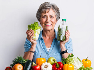 Senior woman holding fresh vegetables and canned food smiling at camera