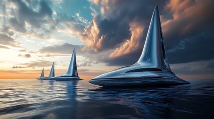 Wall Mural - Futuristic Ships on a Calm Sea at Sunset