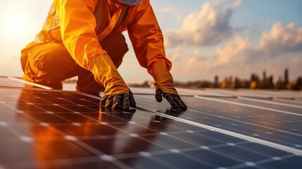 Worker installing solar panels outdoors