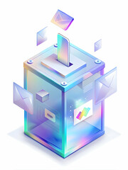 Canvas Print - Holographic Ballot Box with Floating Policy Icons: Close-Up of a Glowing Box Symbolizing Democracy, Political Engagement, and Election Messaging in a Clean Environment