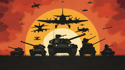 A stylized silhouette of military equipment like tanks, planes, and artillery, symbolizing the tools of war used in the conflict. (indicates October War Anniversary).

