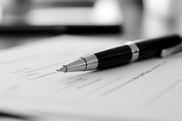 Elegant black pen resting on signed document in monochrome focus