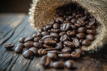 Rustic burlap sack with fresh coffee beans on wooden table