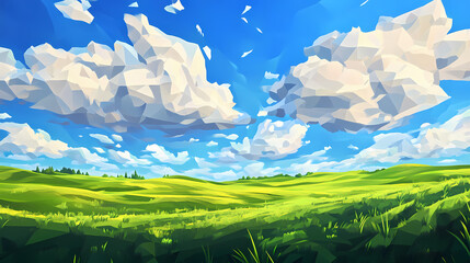 Wall Mural - Low poly artwork of rolling green meadow under a bright blue sky with fluffy clouds in summer, creating a serene and vibrant landscape. Rolling Meadows. Illustration