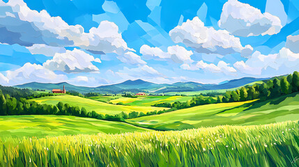 Low poly artwork of rolling green meadow under a bright blue sky with fluffy clouds in summer, creating a serene and vibrant landscape. Rolling Meadows. Illustration