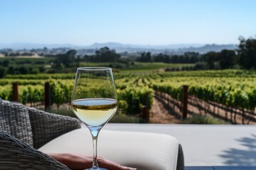 Serene vineyard view with glass of white wine on sunny day