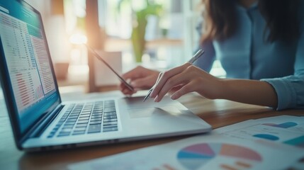 Wall Mural - businesswoman analyzing financial data on laptop with charts and graphs