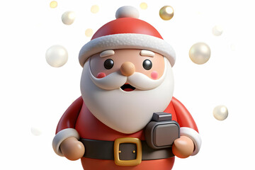 Wall Mural - 3D Santa Holiday Spirit Icon: Joyful Santa Surrounded by Soft Lights & Bokeh - Capturing the Essence of Christmas Cheer on White Background