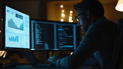 Software developer is working late at night, analyzing code and charts on multiple screens