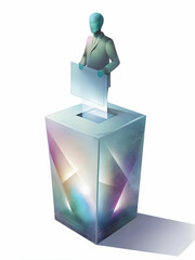 Poster - Vibrant Holographic Voter Casting Vote on Plain Background: Wide Shot for Future-Focused Election Participation Promotion