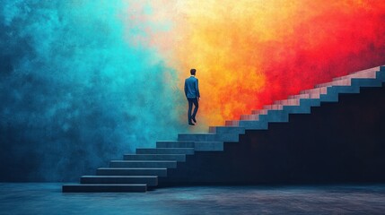 Poster - A figure ascending stairs towards a colorful, abstract background.