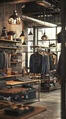 Wall Mural - Stylish clothing store interior with display racks, warm lighting, and a modern industrial design aesthetic.