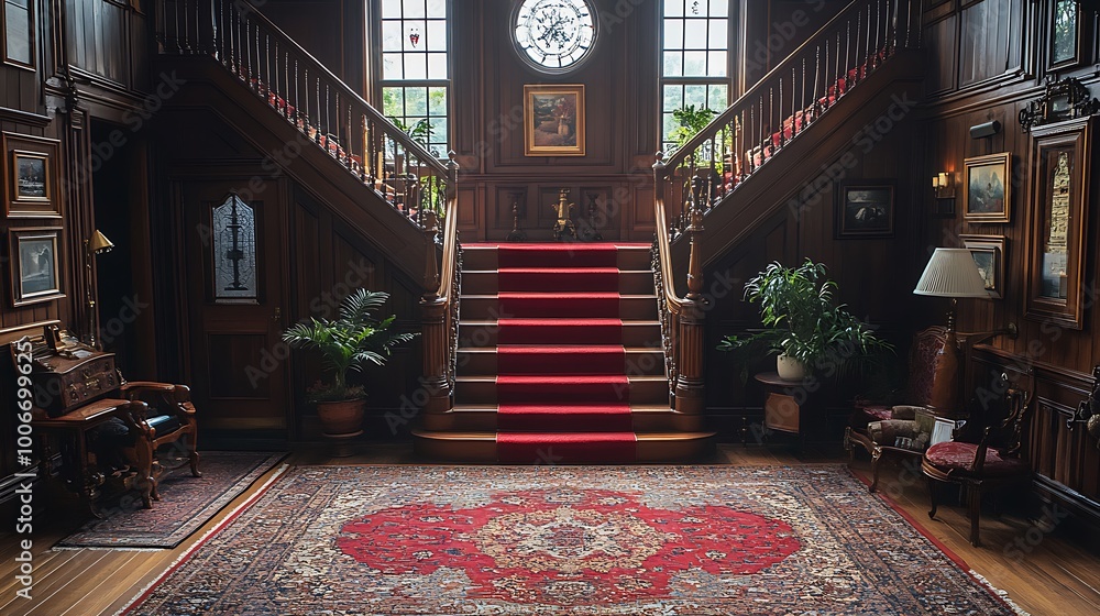 Grand staircase in an old house with red carpet and wood paneling ...