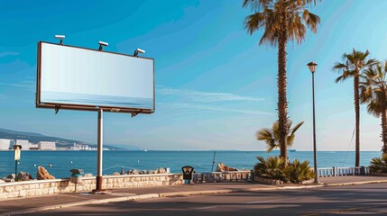 A large billboard is on a beach near the ocean