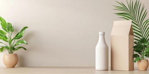 Wall Mural - 3D blank milk carton mockup with light wooden background, simple and natural setting for organic packaging