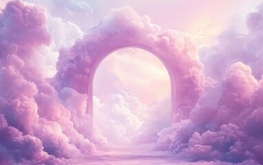 Poster - A dreamy landscape of pastel clouds, featuring a whimsical archway that leads to a serene and enchanting sky.