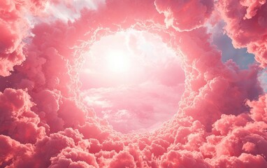 Wall Mural - A breathtaking view of soft pink clouds forming a circular opening, revealing a bright sunlit sky, creating a dreamy and serene atmosphere.