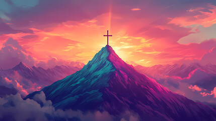 Poster - Serene mountain peak with christian cross at sunset, symbolizing faith and nature generative ai. Mountain Peak. Illustration