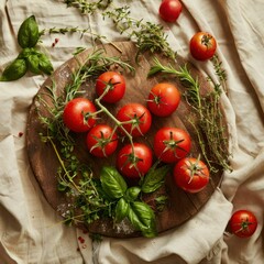 Fresh tomatoes and herbs arranged on a wooden plate with a neutral fabric background