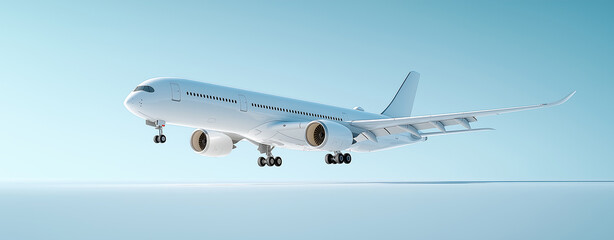 wide angle shot of a passenger plane flying above the clouds and a clear sky, shot in high resolutio