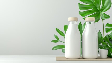 Wall Mural - 3D blank milk packaging mockup with natural lighting, minimal and clean design for sustainable brands