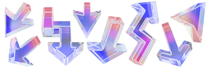 Wall Mural - 3D glass arrow set, purple UI cursor icon, transparent crystal y2k glossy direction emblem, pointer. Game interface pictogram, website click navigation shape, modern web button. 3D arrow collection