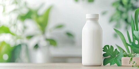 Wall Mural - 3D blank milk packaging mockup with natural textures, soft lighting, eco-friendly design concept for organic brands