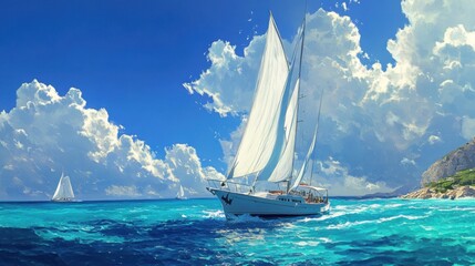 Sunlit yacht with billowing white sails navigating clear turquoise seas, under a radiant cloudless sky. Realistic, very detailed