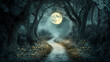 © Thiago - Mystical and enchanting moonlit forest pathway surrounded by eerie and dark trees, creating a magical and spooky atmosphere in nature. Moonlit Forest. Illustration