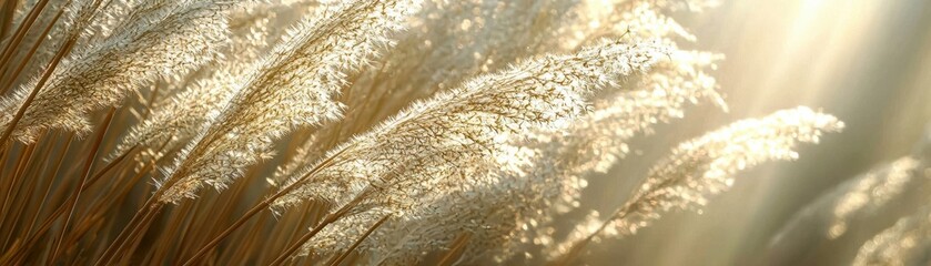 Wall Mural - Golden sunlight illuminates graceful reeds swaying gently in the breeze, creating a serene and tranquil natural scene.