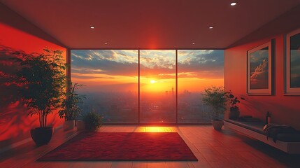 Sticker - Modern living room with panoramic sunset view through large windows