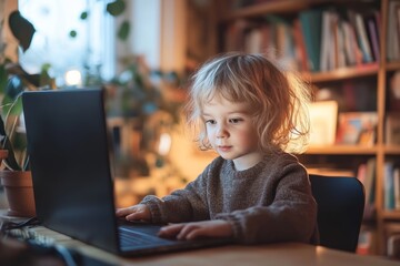 Toddler using laptop computer at home for education or entertainment