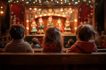 Wall Mural - Children watching christmas nativity scene puppets show