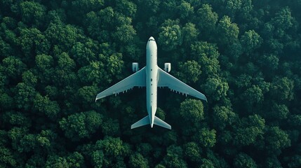 passenger plane flies over forest with green trees, top view