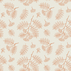 Wall Mural - Fall seamless pattern with rowan berries and leaves. Graphic background with autumn branch. Hand drawn doodle illustration and line art wallpaper design.