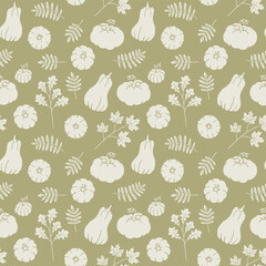 Wall Mural - Thanksgiving seamless pattern with pumpkins and leaves. Fall wallpaper art. Graphic background with autumn elements. Hand drawn Harvest illustration.