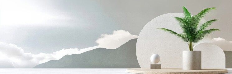 Wall Mural - minimalist interior scene featuring potted plant, round shapes, and serene landscape, ideal for show