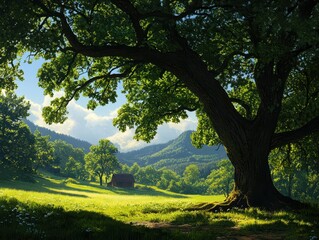 Lush green landscape with a large tree, rolling hills, and a serene atmosphere under blue skies.