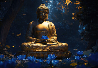 Wall Mural - A golden Buddha statue with blue lotus flowers, sitting in meditation on the ground, surrounded by lush foliage and dark trees.