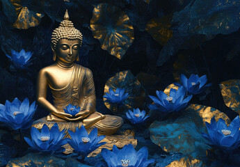 Wall Mural - A golden Buddha statue with blue lotus flowers, sitting in meditation on the ground, surrounded by lush foliage and dark trees.