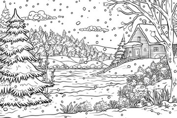 Coloring book illustration of a serene snowy landscape