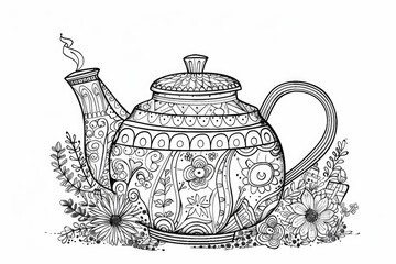 Coloring book illustration of a whimsical tea pot for a festive celebration