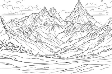 Wall Mural - Coloring book illustration of a winter landscape featuring majestic mountains and a prominent peak