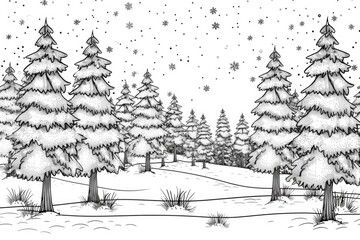 Wall Mural - Coloring book illustration of a winter landscape with evergreen trees